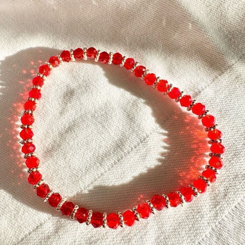 Cherry red beaded stretch sparkly bracelet